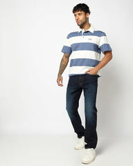 Men's Horizontal Stripes Relaxed Polo Neck T-Shirt, Blue, L