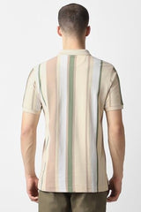 Men Beige Stripe Polo Neck T-Shirt