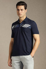 Men Navy Patterned Polo Neck T-Shirt