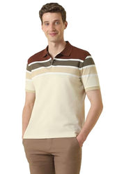 Men Beige Stripe Polo Neck T-Shirt