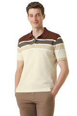Men Beige Stripe Polo Neck T-Shirt