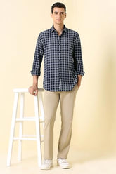 Men Navy Sport Fit Check Full Sleeves Casual Shirt
