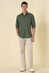 Men Green Slim Fit Check Full Sleeves Casual Shirt
