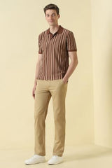 Men Brown Stripe Polo Neck T-Shirt
