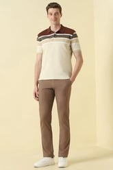 Men Beige Stripe Polo Neck T-Shirt