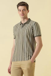 Men Olive Stripe Polo Neck T-Shirt