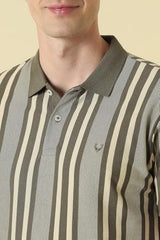 Men Olive Stripe Polo Neck T-Shirt