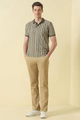 Men Olive Stripe Polo Neck T-Shirt