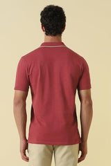 Men Red Textured Polo Neck T-Shirt
