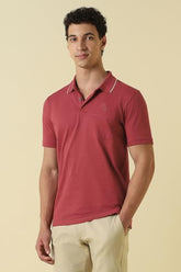 Men Red Textured Polo Neck T-Shirt