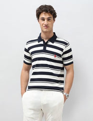 U.S.Polo Association men's navy horizontal striped slim fit polo shirt, short-sleeve T-shirt, front view, size 3XL