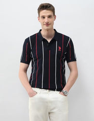 U.S.Polo Association men's navy vertical striped slim fit polo shirt, short sleeve, casual style, front view.