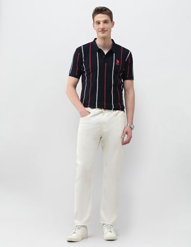 U.S.Polo Association men's navy vertical striped slim fit polo shirt, long sleeve T-shirt, close-up view.