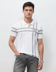 U.S.Polo Association men's vertical striped slim fit polo shirt in white, featuring a classic collar and short sleeves.