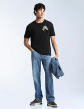 Flying Machine Black Solid Cotton Relaxed Fit Men's T-Shirt