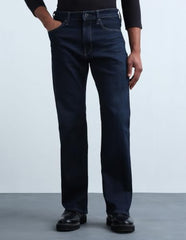 Flying Machine Dark Blue Solid Cotton Blend Bootcut Fit Men's Jeans