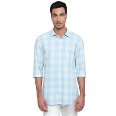 Parx Men Slim Fit Checks Pattern Pure Cotton Semicutaway Collar Full Sleeve Casual Shirt Blue