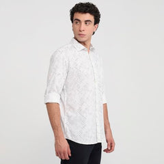 Parx Men Slim Fit Print Pattern Cotton Blend Semicutaway Collar Full Sleeve Round Hem Casual Shirt White