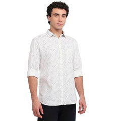 Parx Men Slim Fit Print Pattern Cotton Blend Semicutaway Collar Full Sleeve Round Hem Casual Shirt White
