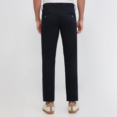 Parx Men Low Rise Tapered Fit Solid Pattern Cotton Blend Flat Front Casual Trouser Dark Blue