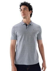 Raymond Men Regular Fit Stripe Pattern Pure Cotton Polo Neck Half Sleeve Straight Hem Casual T-Shirt Medium Blue