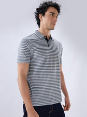 Raymond Men Regular Fit Stripe Pattern Pure Cotton Polo Neck Half Sleeve Straight Hem Casual T-Shirt Medium Blue