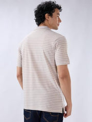 Raymond Men Regular Fit Stripe Pattern Pure Cotton Polo Neck Half Sleeve Straight Hem Casual T-Shirt Medium Fawn