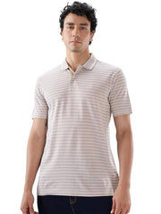 Raymond Men Regular Fit Stripe Pattern Pure Cotton Polo Neck Half Sleeve Straight Hem Casual T-Shirt Medium Fawn