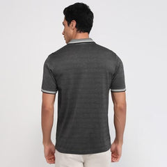 Raymond Men Regular Fit Structure Pattern Pure Cotton Half Sleeve Polo Neck Casual T-Shirt Dark Grey