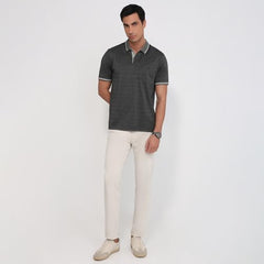 Raymond Men Regular Fit Structure Pattern Pure Cotton Half Sleeve Polo Neck Casual T-Shirt Dark Grey