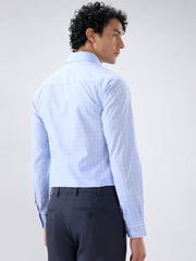 Raymond Men Contemporary Fit Checks Pattern Cotton Tencel Blend Semicutaway Collar Full Sleeve Apple Cut Formal Shirt Medium Blue