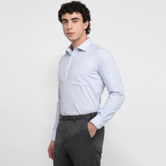 Raymond Men Regular Fit Checks Pattern Pure Cotton Semicutaway Collar Full Sleeve Tail Bottom Hem Formal Shirt Medium Blue