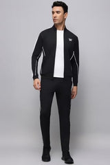 Reebok men's winter tracksuit in black with white accents, featuring a zip-up jacket and matching track pants for athletic wear.