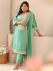 Extra Love By Libas Embroidered Silk Blend Straight Kurta With Trousers and Dupatta-500592-3XL