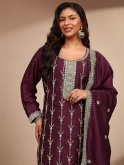 Extra Love By Libas Embroidered Silk Blend Straight Kurta With Trousers and Dupatta-500603-3XL