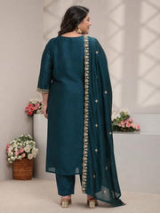 Extra Love By Libas Plus Size Embroidered Silk Blend Straight Kurta With Trousers and Dupatta