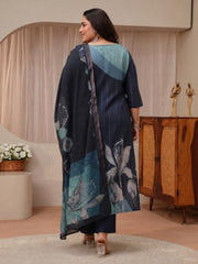Extra Love By Libas Plus Size Printed Linen Straight Kurta With Trouser and Dupatta