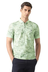 Men Green Print Polo Neck T-Shirt