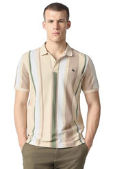 Men Beige Stripe Polo Neck T-Shirt