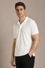 Louis Philippe men's white print polo neck T-shirt with short sleeves, featuring a subtle graphic design on the front.