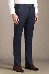 Men Navy Textured Flat Front Formal Trousers