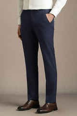 Men Navy Solid Flat Front Formal Trousers