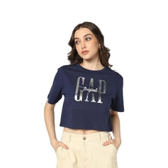 Women's Logo Print Crew Neck Relaxed Crop T-Shirt, Navy
