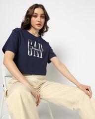 Women's Logo Print Crew Neck Relaxed Crop T-Shirt, Navy
