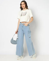 Women's Logo Print Crew Neck Relaxed Crop T-Shirt, White