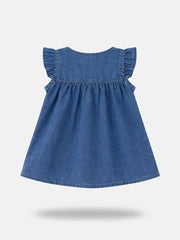 Girls Blue Solid Denim A-Line Dress