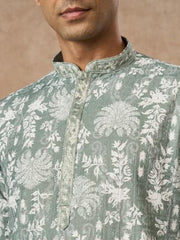 Manyavar Men's Cotton Blend Floral Print Full Sleeves Long Kurta Pyjama Set