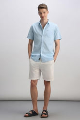 Men Light Blue Custom Fit Stripe Half Sleeves Casual Shirt