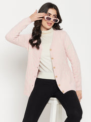Madame V-Neck Solid Pink Cardigan