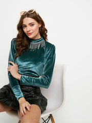 Madame Peacock Blue Rhinestone Embellished Mock Neck Velvet Top